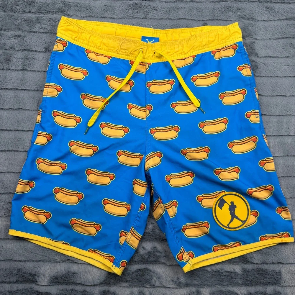 Baseballism Hot Dog Print Swim Trunks Mens Medium Blue Yellow Board Shorts